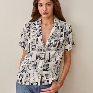 Reformation Black and Cream Comic Print Button-Down Shirt